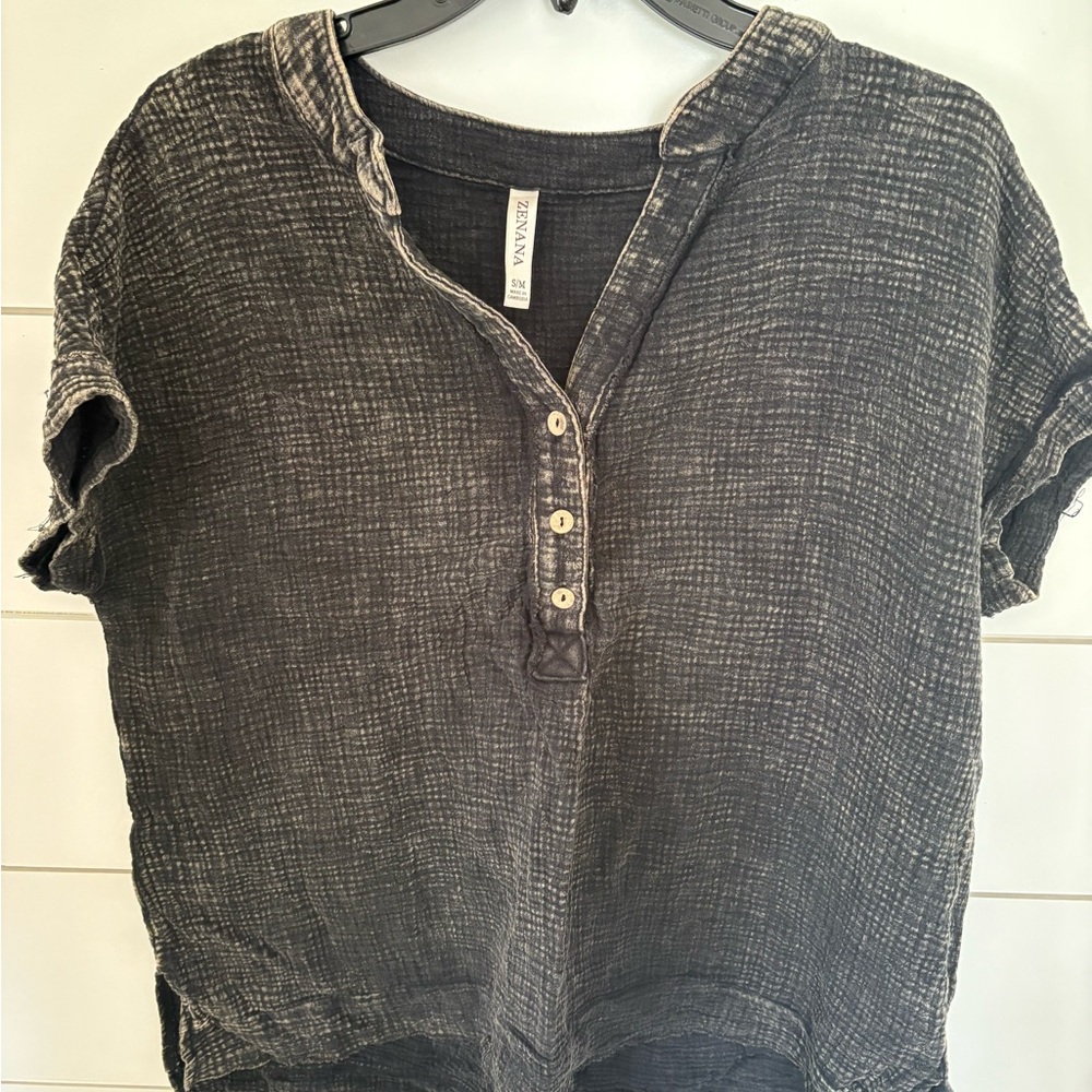 Zenana Washed Black Short Sleeve Henley Top S/M